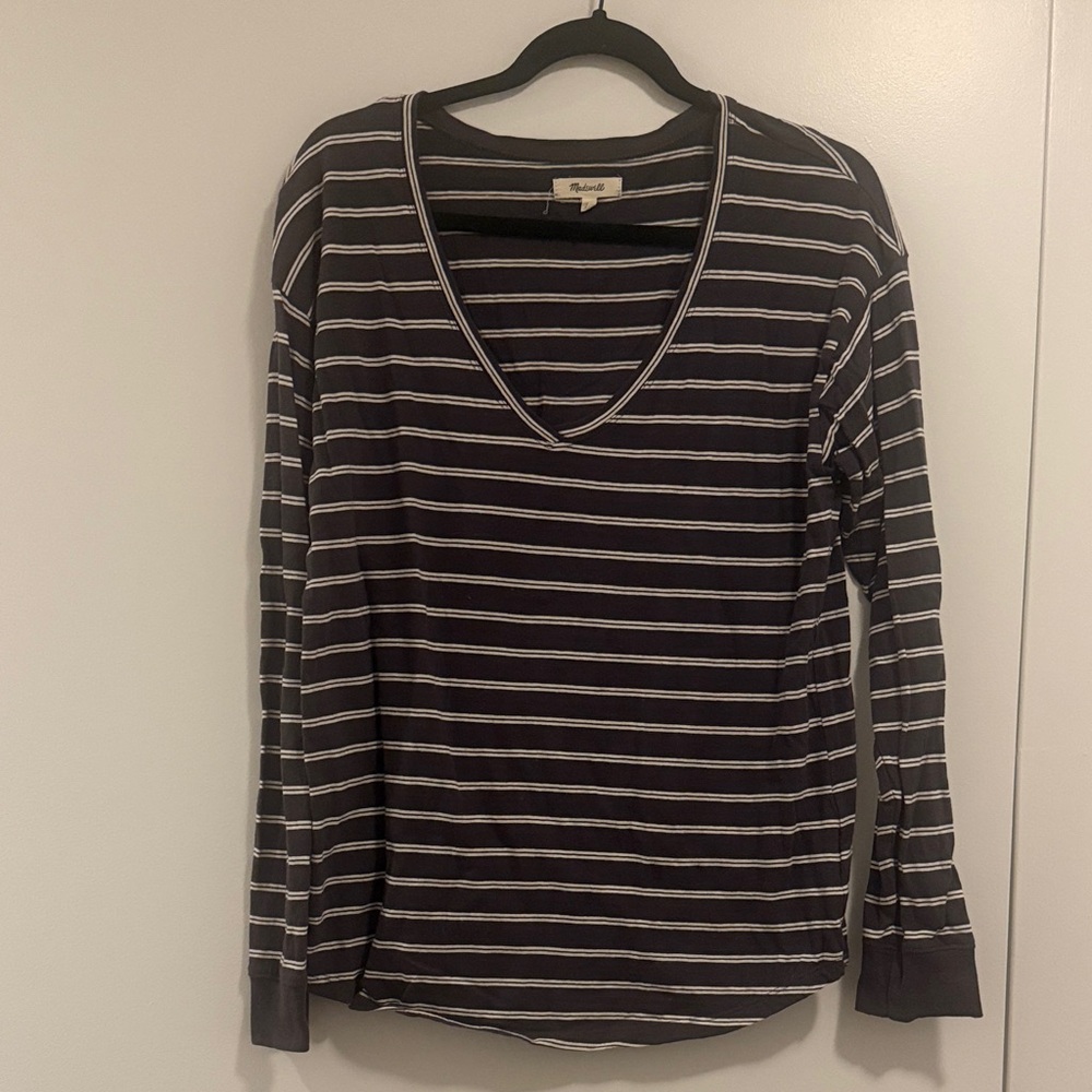 Madewell Dark Grey and White Striped V-Neck Top
